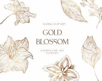 Golden Flowers Clip Art - Gold Foil Line Art - Hand Drawn Flower Line Art - Fine Art Gold Effect Clip Art - Festive Golden Christmas ClipArt