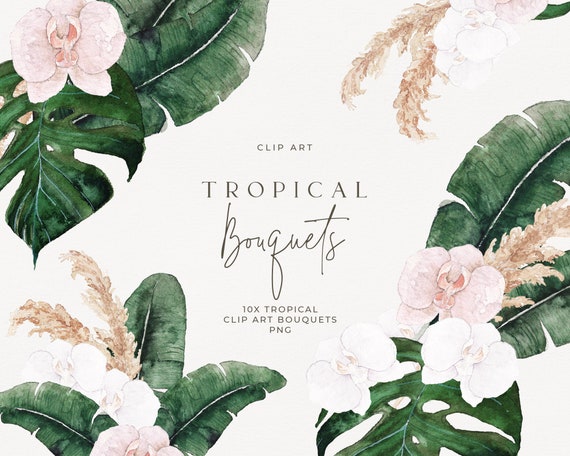 Tropical watercolor bouquet, tropical boho wedding, palm leaf monstera clipart, watercolor pampas grass, tropical destination wedding