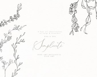 Hand drawn floral line clip art, floral calligraphy illustration, hand sketched floral clip art, fine art clipart, rustic botanical sketch