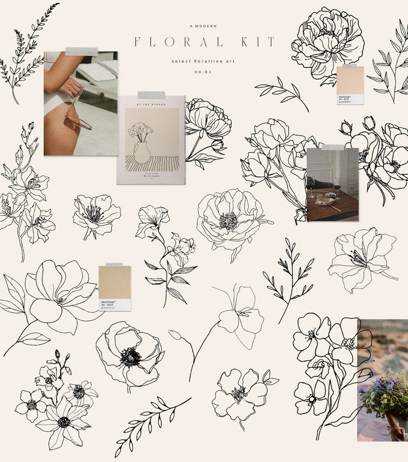 Puede incluir: Un conjunto de 15 dibujos en blanco y negro de varias flores y follaje. Los dibujos est&aacute;n sobre un fondo crema. El texto "A MODERN FLORAL KIT select Seraline art no. 01" est&aacute; en la parte superior de la imagen.