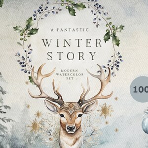 May include: A watercolour illustration with a winter theme. A deer with large antlers is centered, surrounded by a wreath of greenery and berries. The text "A Fantastic Winter Story" is above the deer. The image has a soft, muted colour palette.