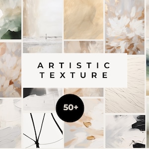 Puede incluir: Un collage de más de 50 texturas artísticas en varios tonos de beige, blanco y gris. Las texturas son abstractas y se asemejan a pinceladas, remolinos y otras formas orgánicas.