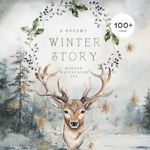 May include: A watercolour illustration of a deer with large antlers, set in a winter forest scene. The image includes a wreath of greenery and the text "A Dreamy Winter Story". The words "Modern Watercolor Set" are also present.