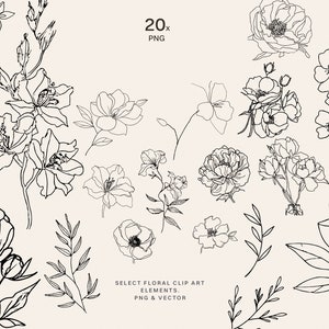 Puede incluir: Un conjunto de 20 dibujos en blanco y negro de diferentes flores y hojas. Las flores incluyen peon&iacute;as, rosas y otros dise&ntilde;os florales. Las hojas son simples y elegantes. Los dibujos son perfectos para usar en proyectos digitales o f&iacute;sicos.