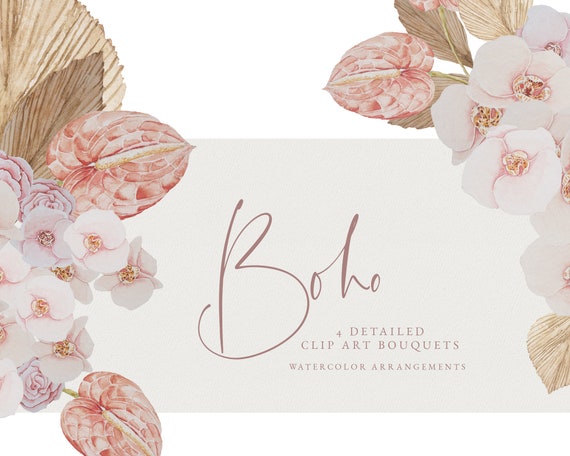 Boho wedding illustrations, hand drawn watercolor clip art, bohemian bouquet arrangements