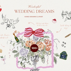 Icone di nozze disegnate a mano - Wedding Line Art PNG - Wedding Card fai da te - Icone d'amore - Clipart di nozze stravaganti - Acquerello di nozze stravaganti