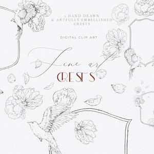 Fine art botanical clip art - fine art wedding - wedding crest clip art - floral crest line art illustration - wedding monogram - line art