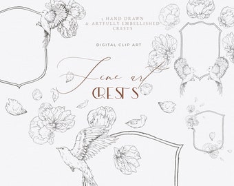 Fine art botanical clip art - fine art wedding - wedding crest clip art - floral crest line art illustration - wedding monogram - line art