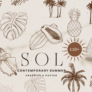 Summer Line Art Illustration - Hand Drawn Summer Icons - Modern Abstract Summer Clip Art - Tropical Summer Illustration - Summer Poster