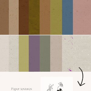 Op de afbeelding: Een set van 12 digitale papiertexturen in vintage stijl met subtiel korrel. De papieren zijn in een verscheidenheid aan aardse tinten, waaronder bruin, beige, groen en blauw. De tekst "The Paper Archives" en "Vintage Paper Pack" is opgenomen in de afbeelding.