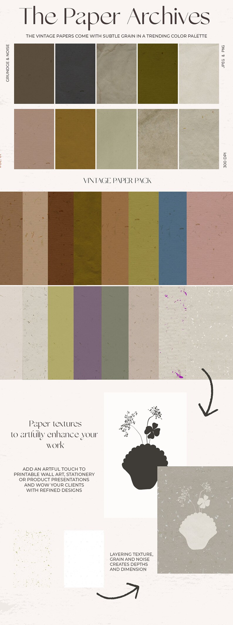 Op de afbeelding: Een set van 12 digitale papiertexturen in vintage stijl met subtiel korrel. De papieren zijn in een verscheidenheid aan aardse tinten, waaronder bruin, beige, groen en blauw. De tekst "The Paper Archives" en "Vintage Paper Pack" is opgenomen in de afbeelding.