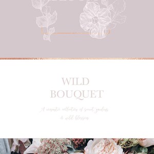 May include: A digital illustration of a bouquet of flowers with the text "Just Bloom" and "Wild Bouquet" in a light pink and white color scheme. The text "A romantic collection of secret gardens & wild blossom" is also included.