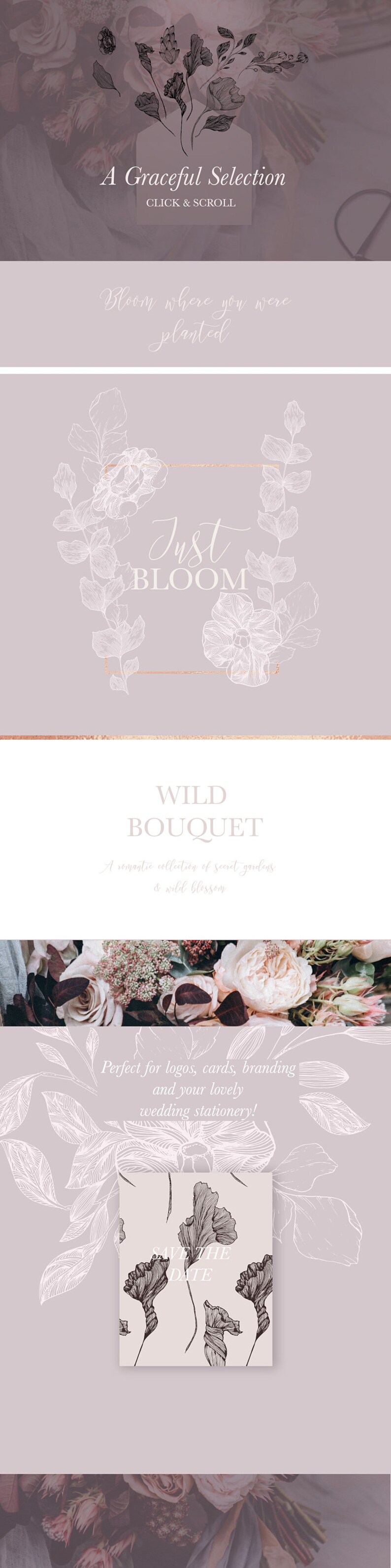 May include: A digital illustration of a bouquet of flowers with the text "Just Bloom" and "Wild Bouquet" in a light pink and white color scheme. The text "A romantic collection of secret gardens & wild blossom" is also included.