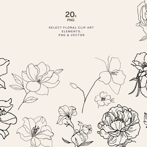 Puede incluir: Un conjunto de 20 dibujos en blanco y negro de diferentes flores, incluyendo rosas, peon&iacute;as y lirios. Las flores est&aacute;n dibujadas en un estilo simple y elegante, y ser&iacute;an perfectas para usar en invitaciones de boda, tarjetas de felicitaci&oacute;n u otros proyectos.
