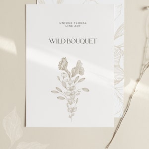 May include: A white card with the text "UNIQUE FLORAL LINE ART" and "WILD BOUQUET" in black. A line drawing of a bouquet of flowers is in the center of the card.