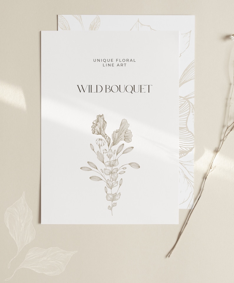 May include: A white card with the text "UNIQUE FLORAL LINE ART" and "WILD BOUQUET" in black. A line drawing of a bouquet of flowers is in the center of the card.