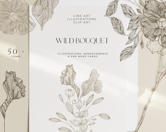 Hand Drawn Botanical Line Art Flowers - Hand Drawn Floral Clip Art - Fine Art Botanical Clip Art - Mystic Line Drawing Flower Bundle