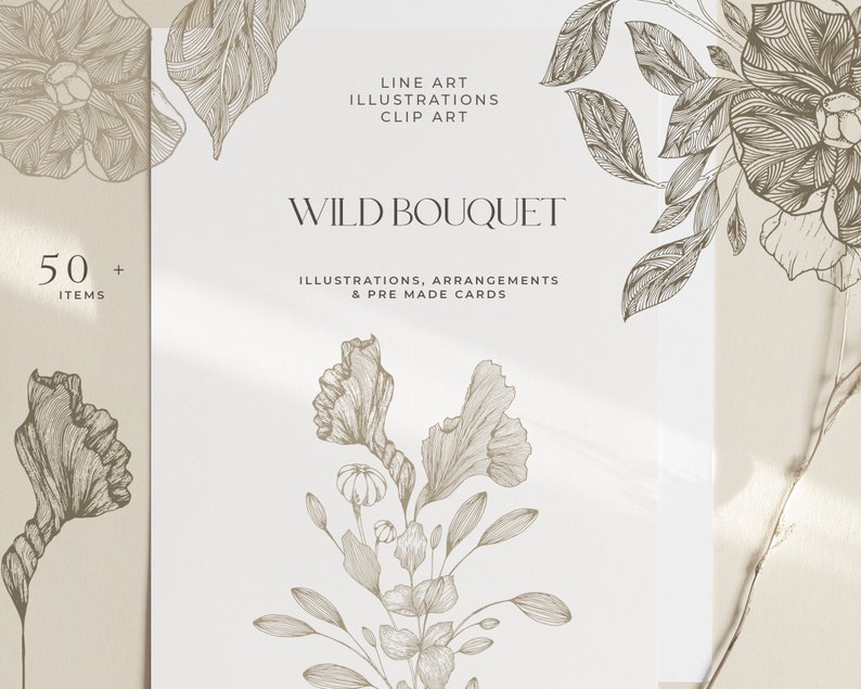 May include: A set of 50+ line art illustrations of wild flowers and bouquets. The illustrations are in black and white and have a delicate, hand-drawn style. The text "WILD BOUQUET" is at the top of the image.