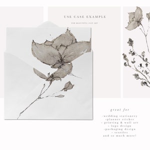 May include: A digital illustration of a delicate, watercolor-style flower in shades of gray. The flower is on a white background with the text "USE CASE EXAMPLE FOR BEAUTIFUL CLIP ART" above it. The text "great for -wedding stationery -planner sticker -printing & wall art -logo design -packaging design -textiles and so much more!" is below the flower.