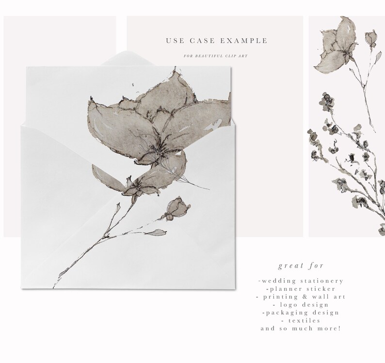 May include: A digital illustration of a delicate, watercolor-style flower in shades of gray. The flower is on a white background with the text "USE CASE EXAMPLE FOR BEAUTIFUL CLIP ART" above it. The text "great for -wedding stationery -planner sticker -printing & wall art -logo design -packaging design -textiles and so much more!" is below the flower.
