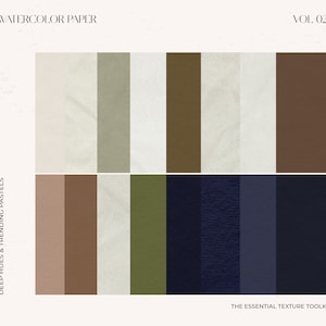 Op de afbeelding: Waterverfpapier textuurstalen in een verscheidenheid aan neutrale kleuren, waaronder wit, beige, bruin, groen en blauw. De stalen zijn gerangschikt in twee rijen van acht, met de tekst "WATERCOLOR PAPER" en "VOL. 02" bovenaan en "DEEP HUES & TRENDING PASTELS" aan de linkerkant. De tekst "THE ESSENTIAL TEXTURE TOOLKIT" staat onderaan.