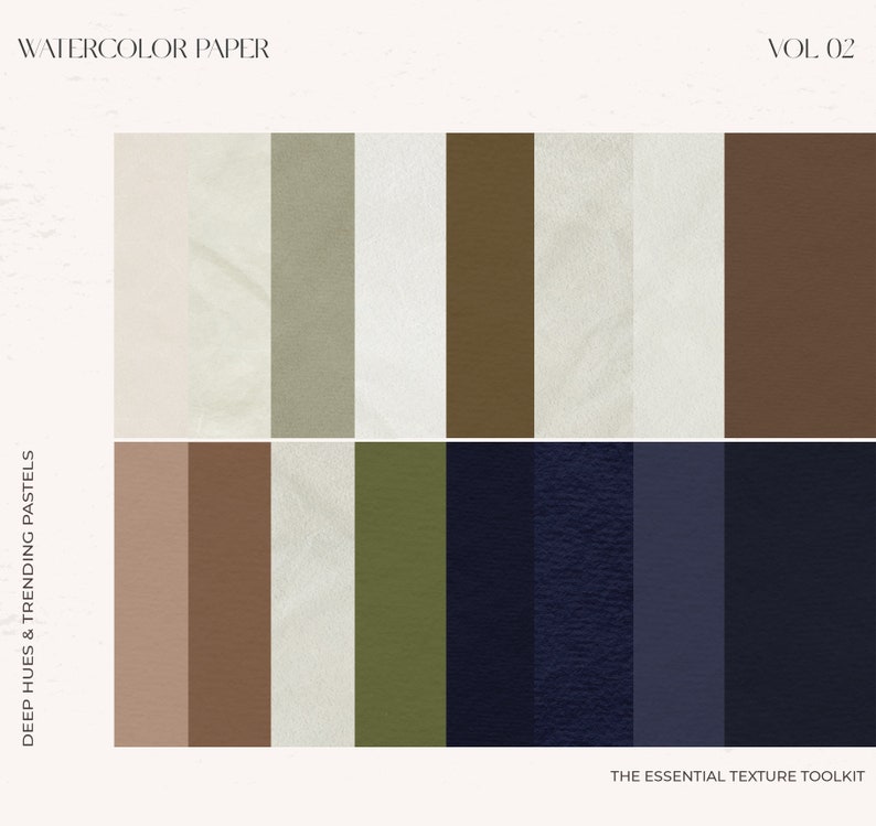 Op de afbeelding: Waterverfpapier textuurstalen in een verscheidenheid aan neutrale kleuren, waaronder wit, beige, bruin, groen en blauw. De stalen zijn gerangschikt in twee rijen van acht, met de tekst "WATERCOLOR PAPER" en "VOL. 02" bovenaan en "DEEP HUES & TRENDING PASTELS" aan de linkerkant. De tekst "THE ESSENTIAL TEXTURE TOOLKIT" staat onderaan.