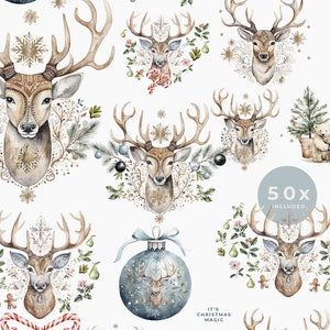 May include: A collection of watercolour illustrations featuring deer heads, Christmas baubles, and festive elements. The image showcases a variety of watercolour designs with a winter holiday theme, including snowflakes and gingerbread men.