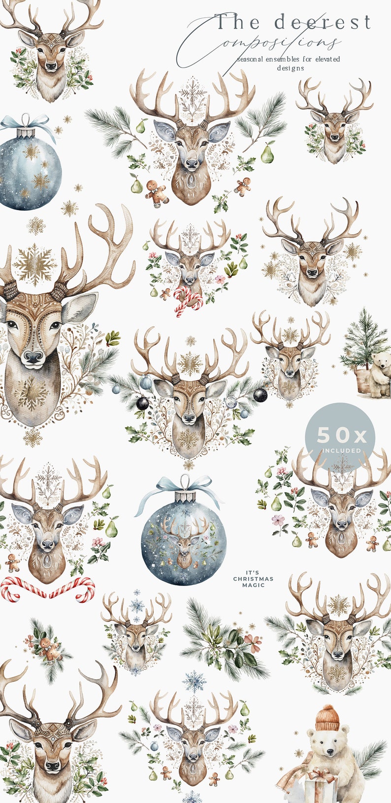 May include: A collection of watercolour illustrations featuring deer heads, Christmas baubles, and festive elements. The image showcases a variety of watercolour designs with a winter holiday theme, including snowflakes and gingerbread men.