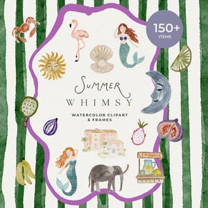 Whimsical Watercolor Frames - Watercolor Summer Icons - Whimsy Watercolor Amalfi Icons - Hand Drawn Watercolor Clipart - Dolce Vita Clipart