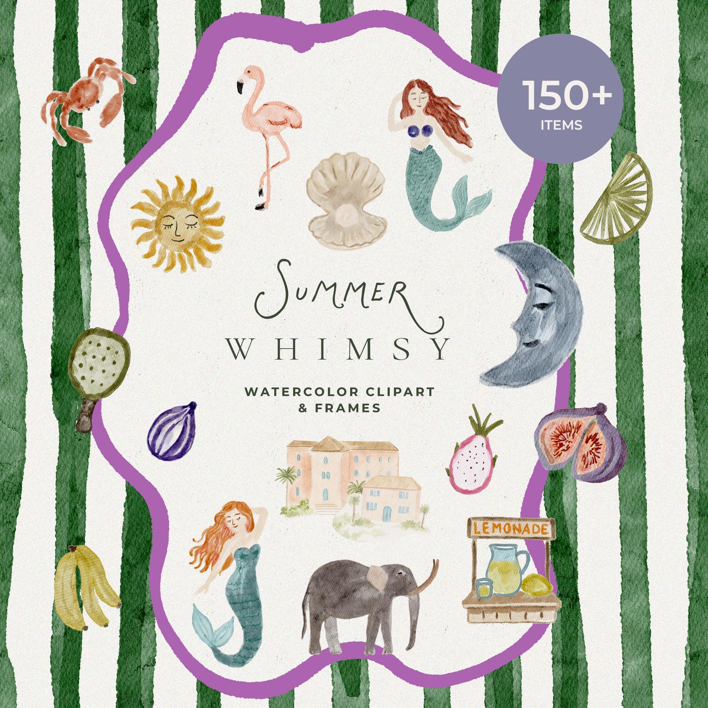 Whimsical Watercolor Frames - Watercolor Summer Icons - Whimsy Watercolor Amalfi Icons - Hand Drawn Watercolor Clipart - Dolce Vita Clipart