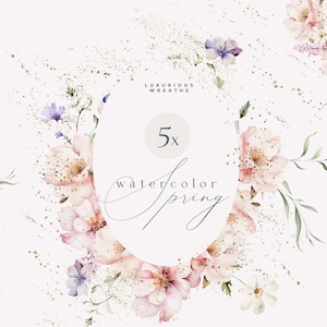 春の花の水彩画クリップ アート - 水彩画の結婚式招待状 DIY - 水彩画の結婚式の花のフレーム PNG - ピンクとゴールドの花 PNG