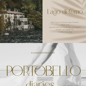 May include: A graphic design for a font called "Portobello Diaries" with a classic editorial font style. The design features a photo of a lake with a building in the background and the text "Lago di Como" and "lombardy" above the photo. The text "A Classic Editorial Font" is below the photo. The text "Portobello Diaries" is in a large font size and the text "Display" and "Includes Beautiful Alternates" are in a smaller font size. The text "NO. 05" is in the bottom right corner of the design.