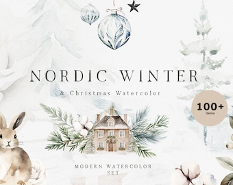 Modern Nordic Christmas Watercolor - Modern Christmas Clip Art - Hygge Christmas Clipart - Christmas Wreath PNG - Winter Landscape Creator