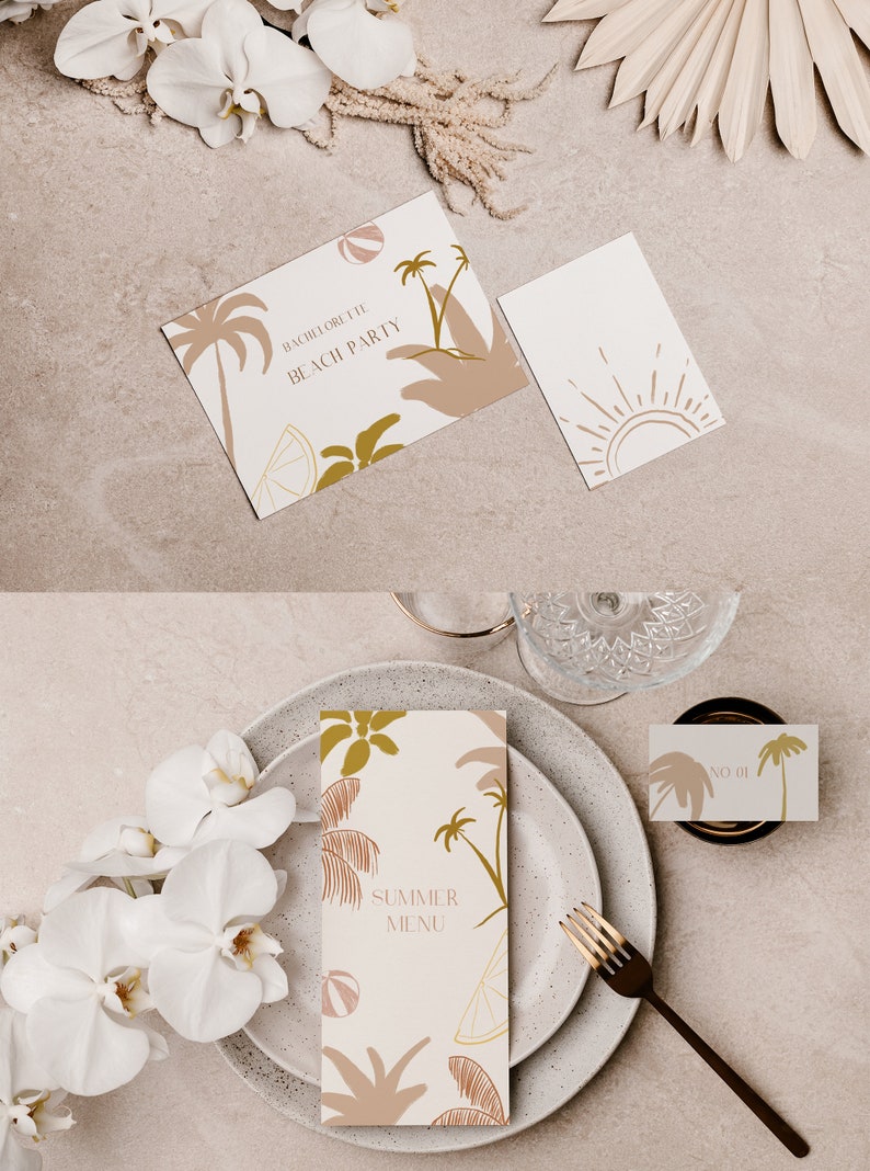 May include: A flat lay of a table setting with a white background. There are two cards with a tropical theme, one that says "Bachelorette Beach Party" and another that says "Summer Menu". There are also white orchids and a gold fork.