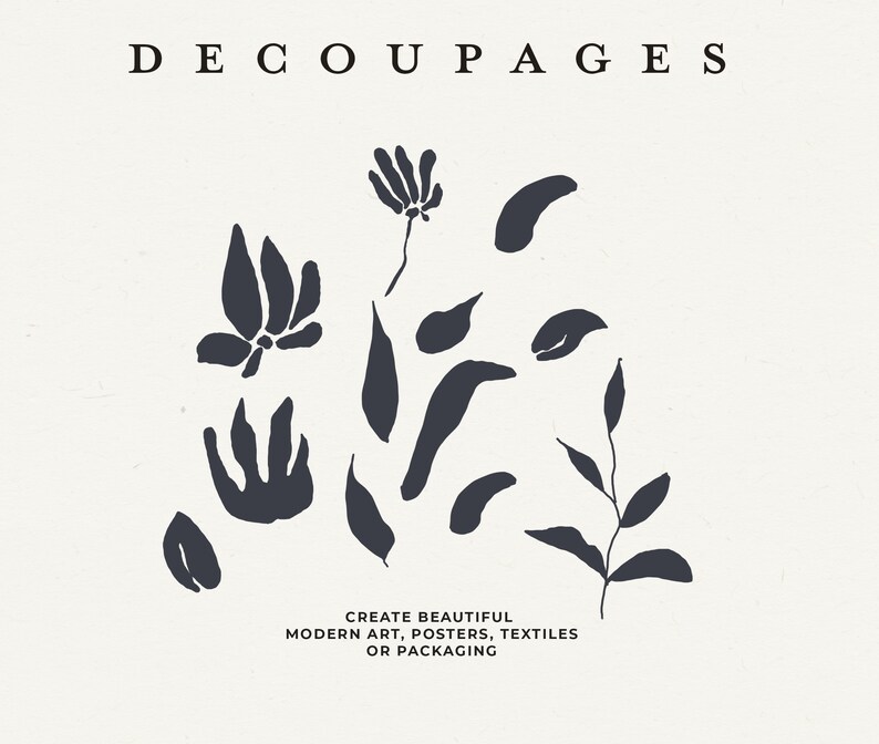 Op de afbeelding: Zwart-witte silhouet-illustraties van bladeren en bloemen. De tekst "DECOUPAGES" staat bovenaan de afbeelding. De tekst "CREATE BEAUTIFUL MODERN ART, POSTERS, TEXTILES OR PACKAGING" staat onderaan de afbeelding.