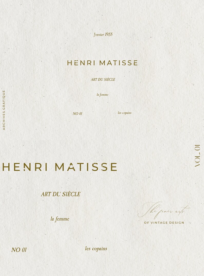 Op de afbeelding: Een vintage poster met de tekst "Henri Matisse" en "Art du Si&egrave;cle" in een bruin lettertype op een witte achtergrond. De poster bevat ook de tekst "No 01" en "la femme" in een kleiner lettertype.