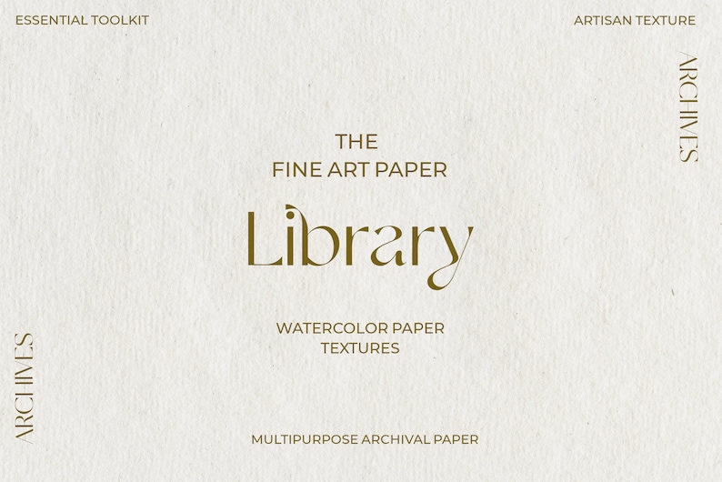 Op de afbeelding: Het logo van The Fine Art Paper Library met de tekst "The Fine Art Paper Library" en "Watercolor Paper Textures" en "Multipurpose Archival Paper" op een gestructureerde witte achtergrond.