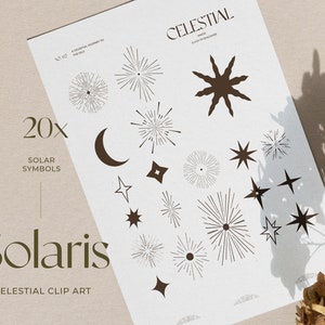May include: A set of 20 black and white celestial clip art images. The images include stars, moons, and sunbursts. The text "Solaris Celestial Clip Art" is at the bottom of the image.