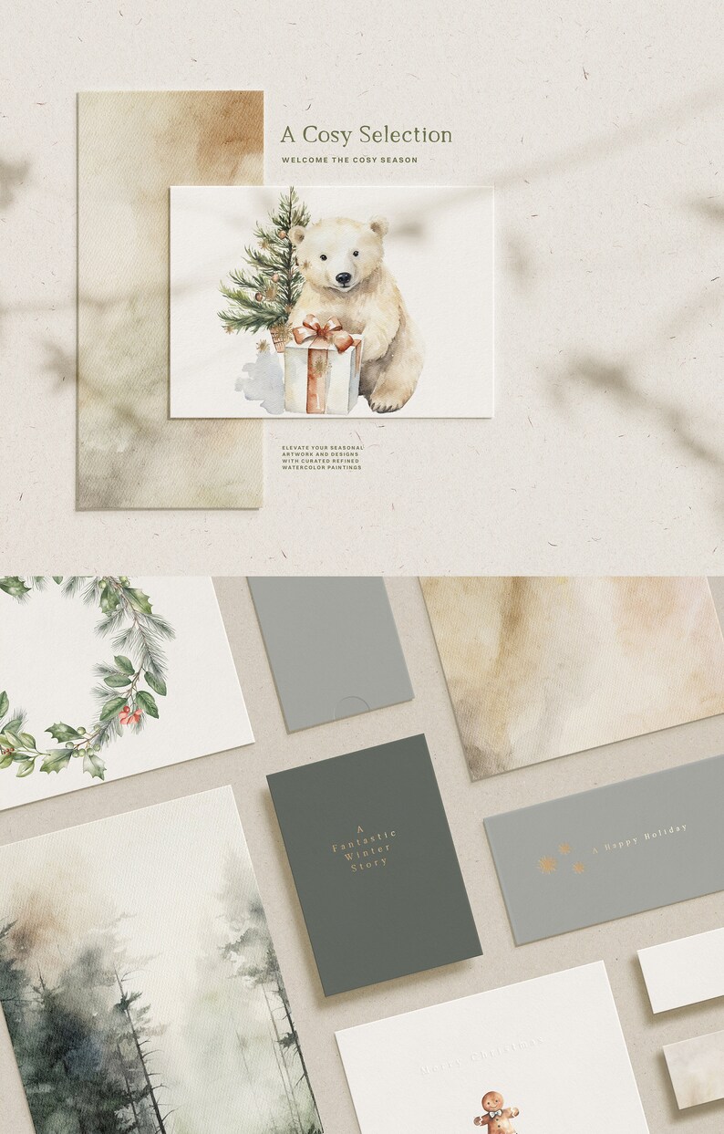 May include: A selection of watercolour illustrations featuring a polar bear with a gift, a Christmas tree, and a wreath. The text "A Cosy Selection" and "Welcome the Cosy Season" are displayed. Other cards feature winter scenes and holiday greetings.