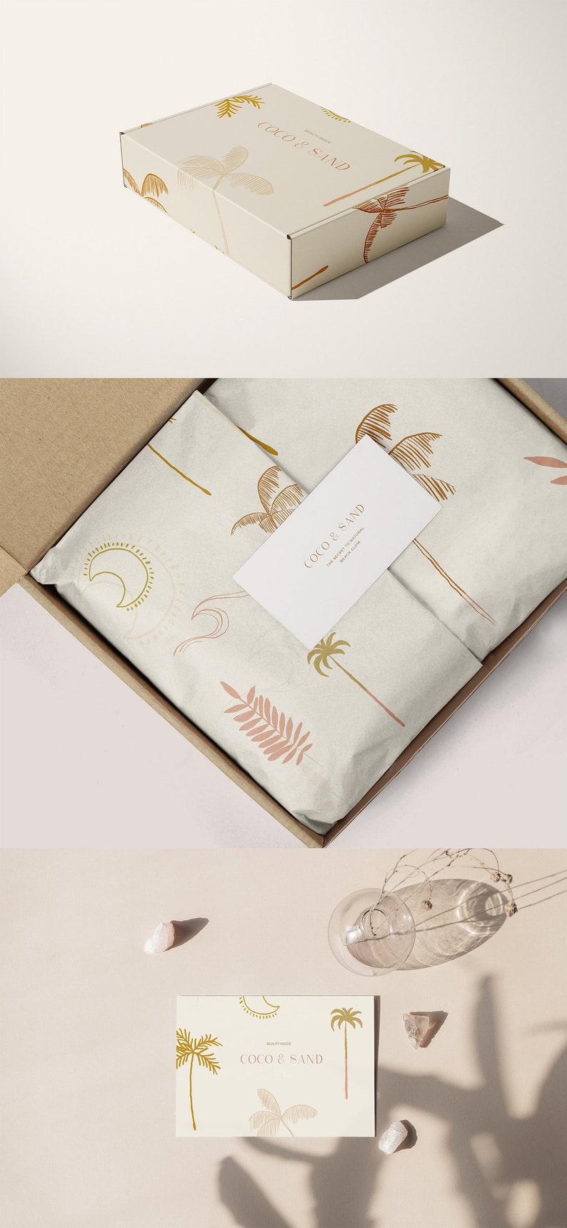 May include: A white box with a brown cardboard box inside. The boxes are decorated with a tropical theme featuring palm trees and the text "Coco & Sand".