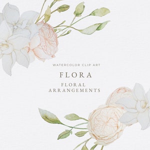 Op de afbeelding: Waterverf clip art van een bloemstuk met witte en perzikkleurige bloemen en groene bladeren. De tekst "WATERCOLOR CLIP ART FLORA FLORAL ARRANGEMENTS" staat in het midden van de afbeelding.