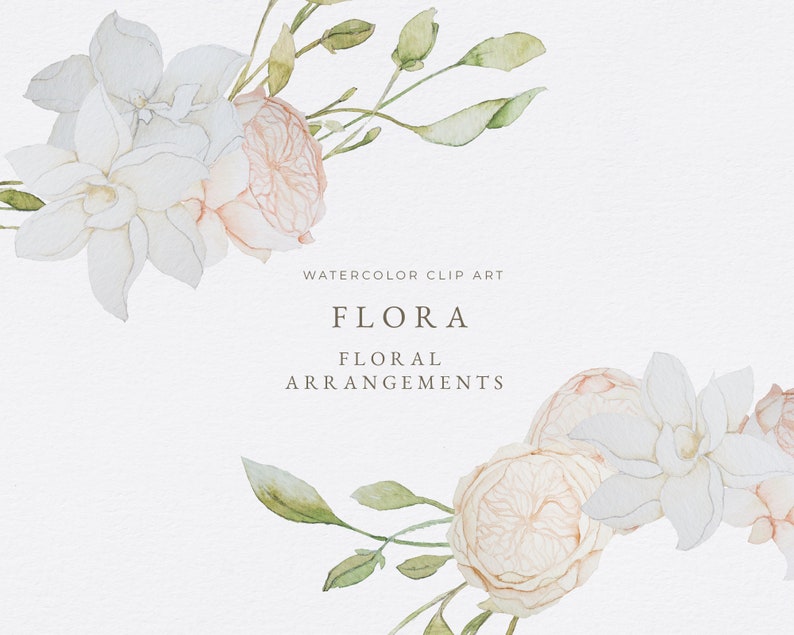 Op de afbeelding: Waterverf clip art van een bloemstuk met witte en perzikkleurige bloemen en groene bladeren. De tekst "WATERCOLOR CLIP ART FLORA FLORAL ARRANGEMENTS" staat in het midden van de afbeelding.