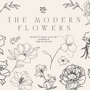 Puede incluir: Un conjunto de 20 dibujos en blanco y negro de varias flores. Las flores incluyen rosas, peon&iacute;as y otros elementos florales. El texto "THE MODERN FLOWERS" est&aacute; en la parte superior de la imagen. El texto "SELECT FLORAL CLIP ART ELEMENTS. PNG & VECTOR" est&aacute; en la parte inferior de la imagen.