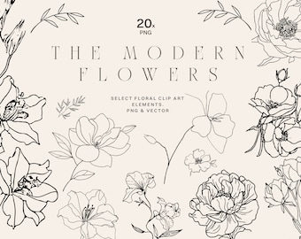 Fleur moderne Clip Art - Fine Art Wedding Flower PNG - Illustration de fleur moderne - Botanical Line Art - Minimalist Floral Line Art PNG
