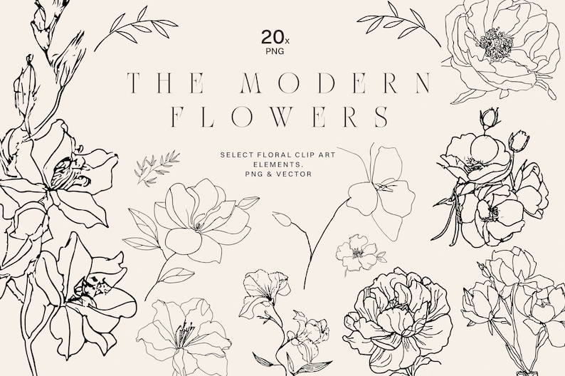 Puede incluir: Un conjunto de 20 dibujos en blanco y negro de varias flores. Las flores incluyen rosas, peon&iacute;as y otros elementos florales. El texto "THE MODERN FLOWERS" est&aacute; en la parte superior de la imagen. El texto "SELECT FLORAL CLIP ART ELEMENTS. PNG & VECTOR" est&aacute; en la parte inferior de la imagen.
