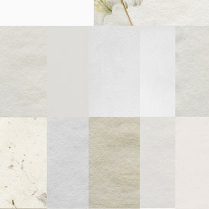 Op de afbeelding: Een set van negen aquarelpapiertexturen, met verschillende tinten wit en beige. De texturen zijn gerangschikt in een rasterpatroon, met een bloemenontwerp in de rechterbovenhoek. De tekst "Archival Paper" en "Watercolor Paper Texture" wordt weergegeven in de linkerbovenhoek.