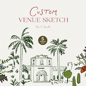 Ilustración personalizada de lugar de celebración de bodas - Boceto de invitación de boda - Diseño de invitación para guardar la fecha a mano - Arte lineal personalizado para el lugar - Tarjeta de boda a medida