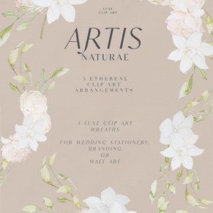 Op de afbeelding: Een digitale illustratie van vijf aquarelbloemstukken met witte en roze bloemen en groene bladeren. De tekst "Artis Naturae" staat in het midden van de afbeelding. De tekst "5 Ethereal Clip Art Arrangements" staat onder de titel. De tekst "5 Luxe Clip Art Wreaths" staat onder de eerste tekst. De tekst "For Wedding Stationery, Branding or Wall Art" staat onder de tweede tekst.