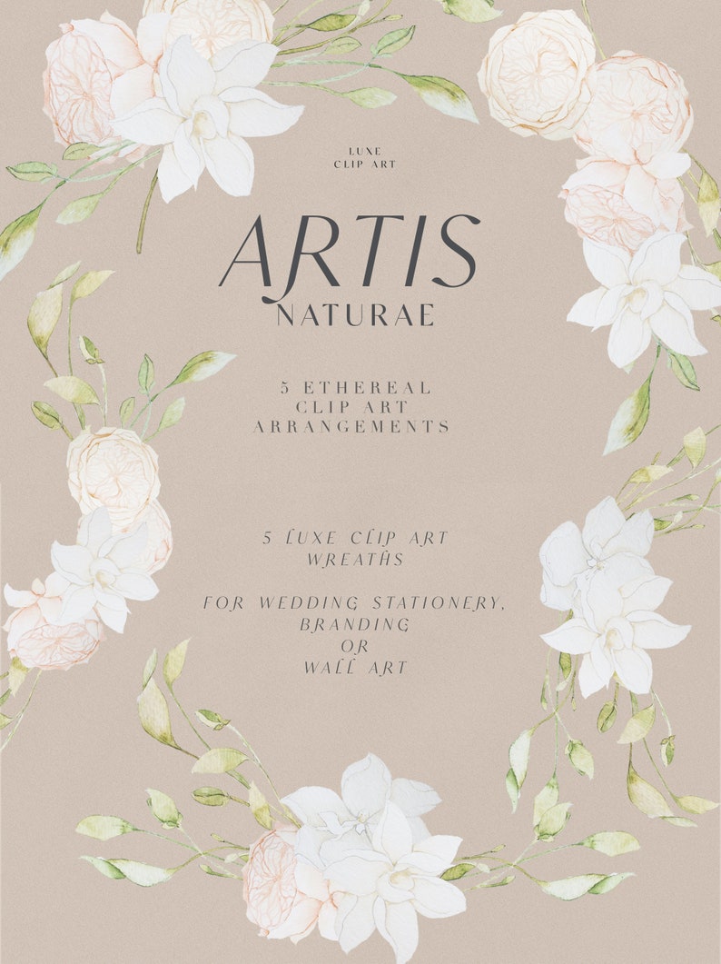 Op de afbeelding: Een digitale illustratie van vijf aquarelbloemstukken met witte en roze bloemen en groene bladeren. De tekst "Artis Naturae" staat in het midden van de afbeelding. De tekst "5 Ethereal Clip Art Arrangements" staat onder de titel. De tekst "5 Luxe Clip Art Wreaths" staat onder de eerste tekst. De tekst "For Wedding Stationery, Branding or Wall Art" staat onder de tweede tekst.