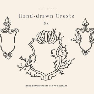 Hand Drawn Crest PNG - Floral Hand Drawn Wedding Crest - Handmade Monogram Logo DIY - Heirloom Vintage Botanical Crest Line Art